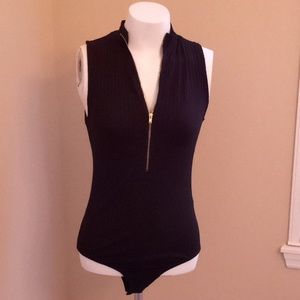 New Black Knit Junior  Bodysuit With Gold Front Zipper